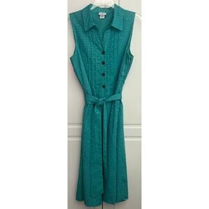 Vintage Jaclyn Smith Sleeveless Midi Dress Teal w/Dots Belt Size L